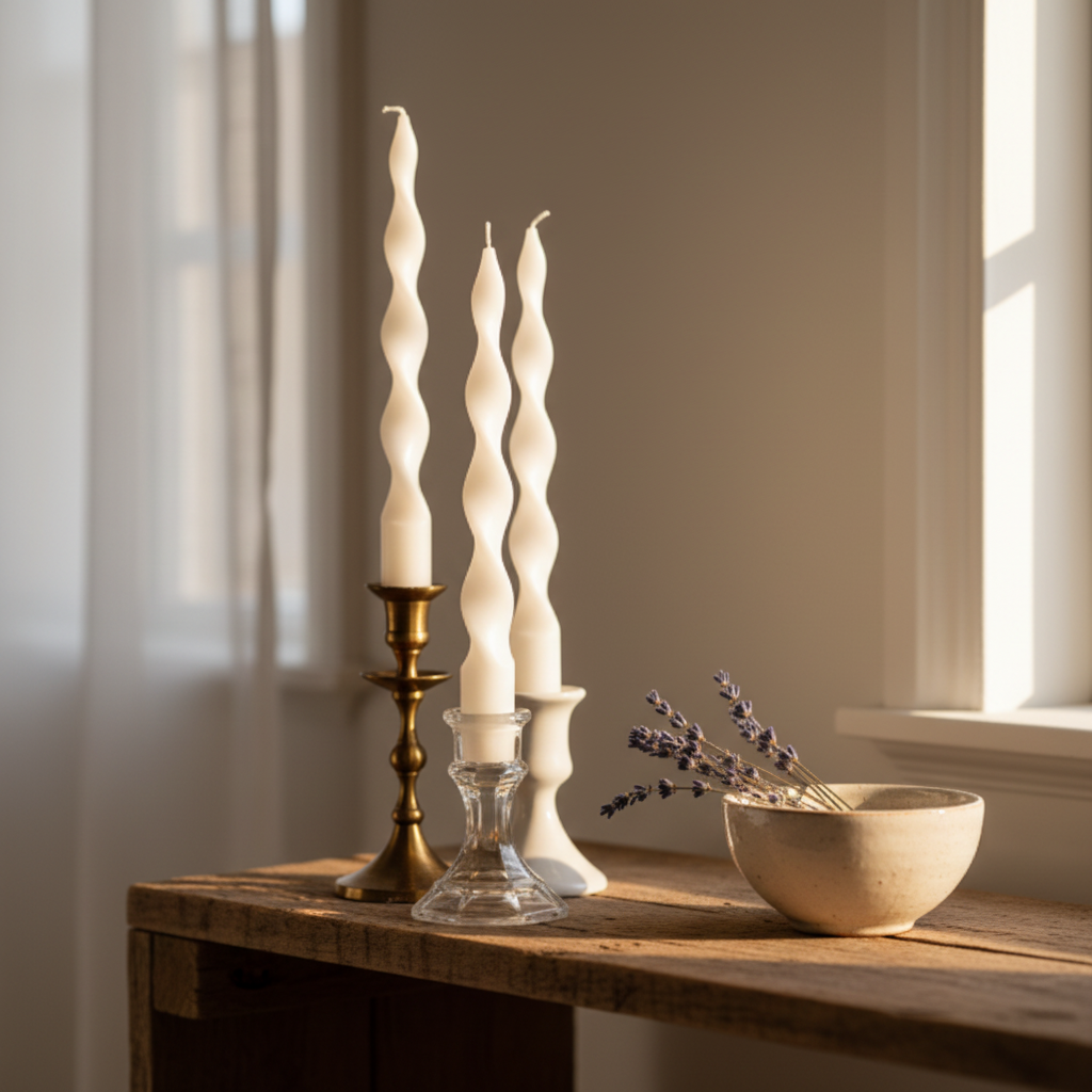 Three candles on rustic shelf with lavender