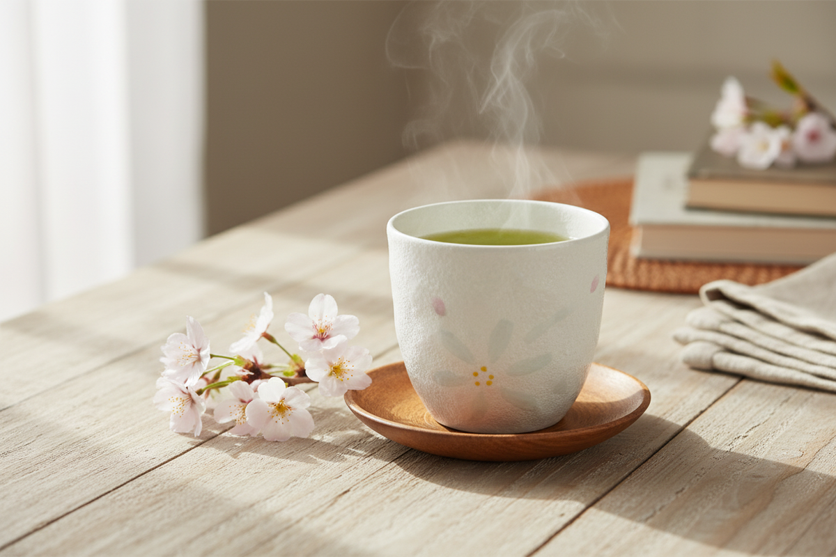 White ceramic tea cup lifestyle shot with cherry blossoms