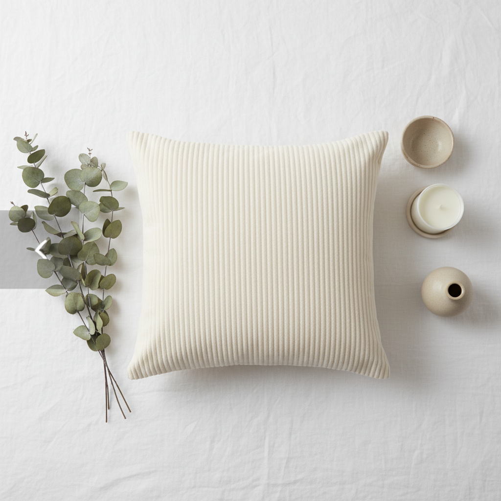 Overhead flat lay of cushion with eucalyptus and ceramics