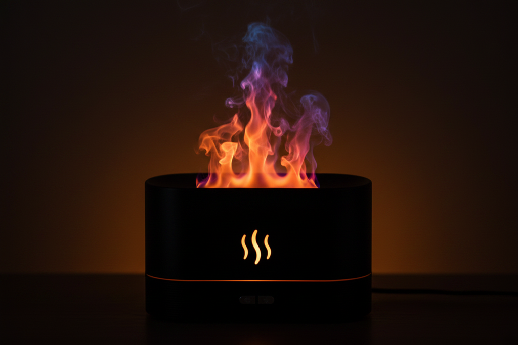 Black flame essential oil diffuser front view orange flame