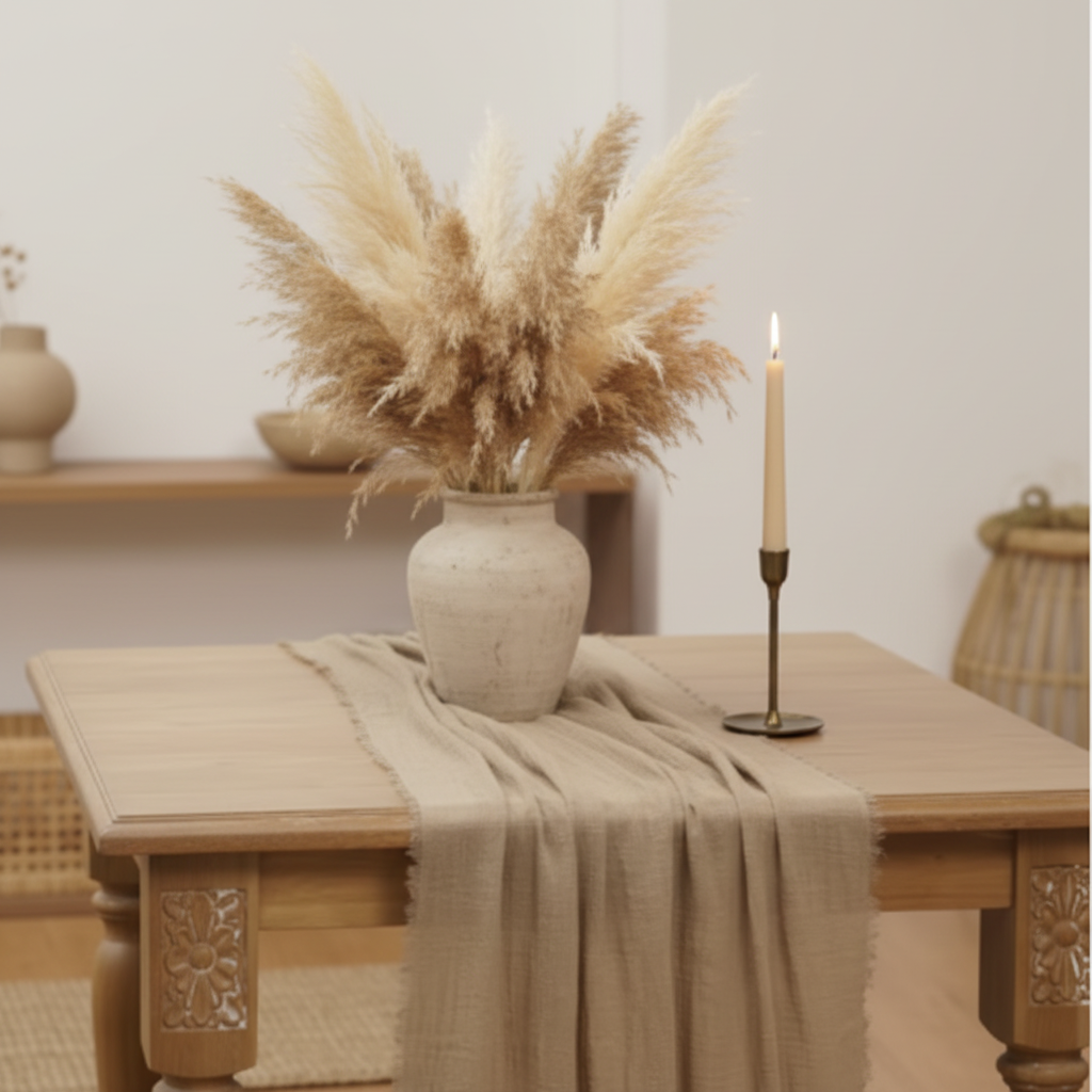 Beige runner with pampas and taper candle