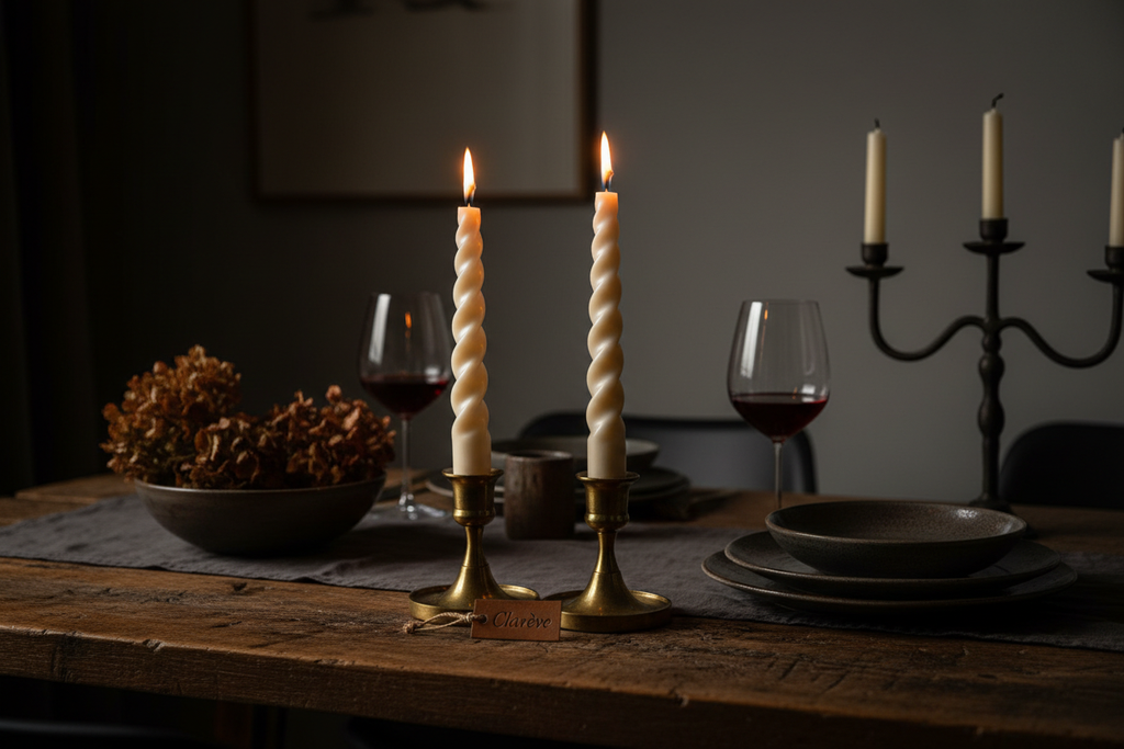 Twisted taper candles on dining table
