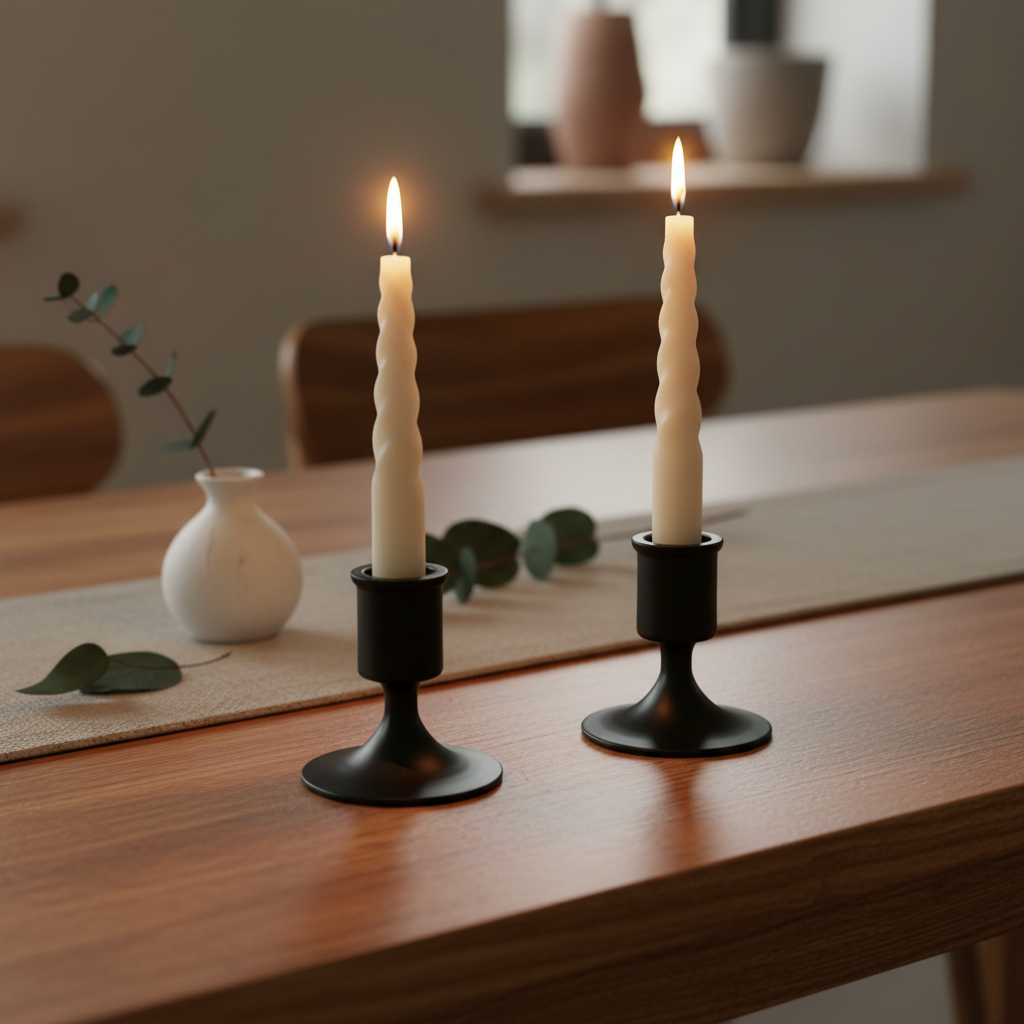 Two matte black candle holders on dining table
