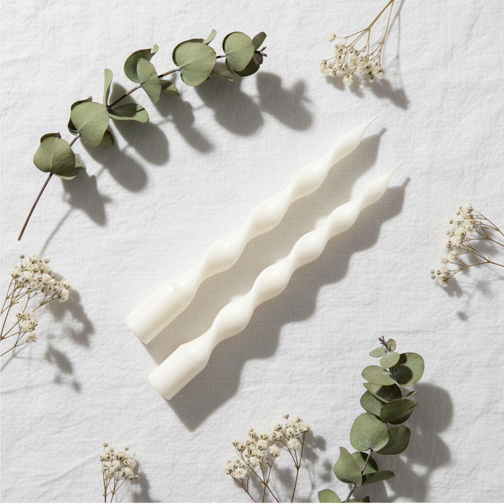Flat lay of candles with dried eucalyptus and flowers