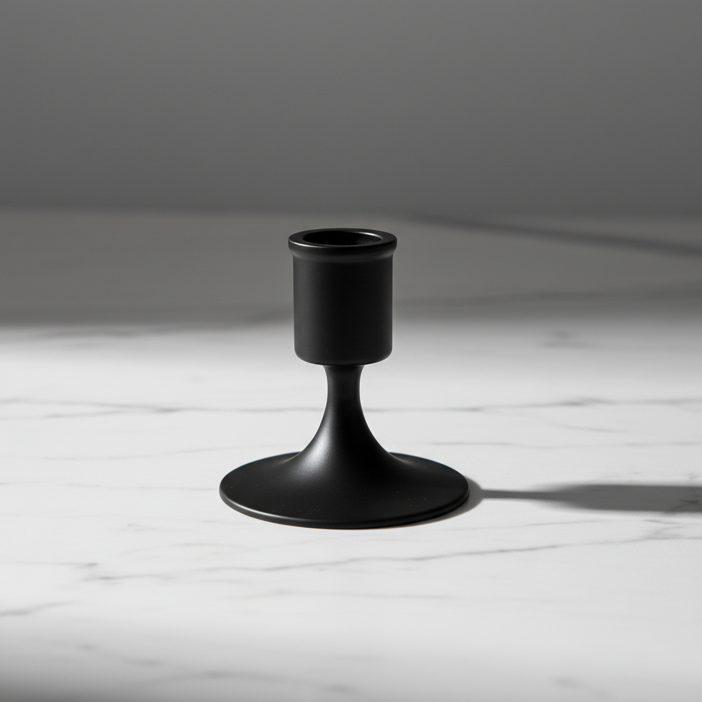 Close up of matte black candle holder on white marble