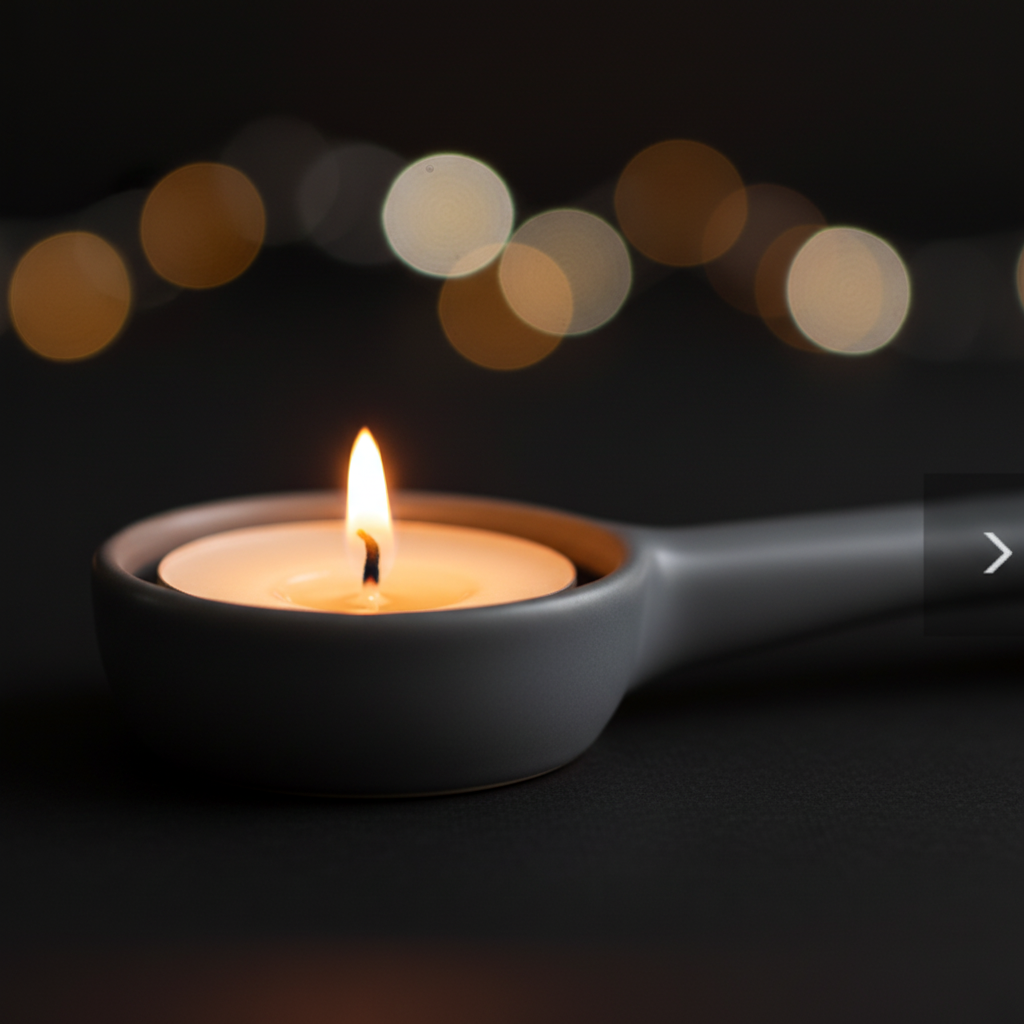 Close up of ceramic candle holder with warm flickering glow