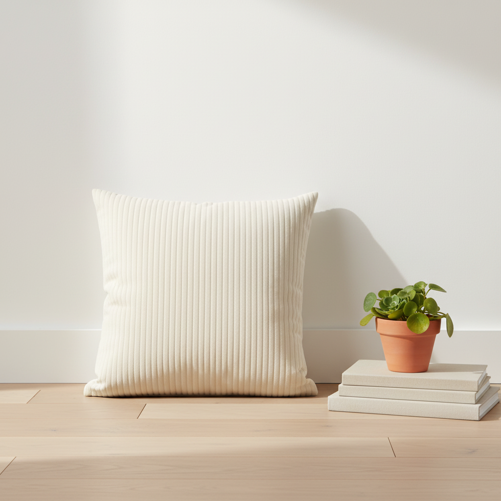 Cream ribbed cushion against white wall on wooden floor