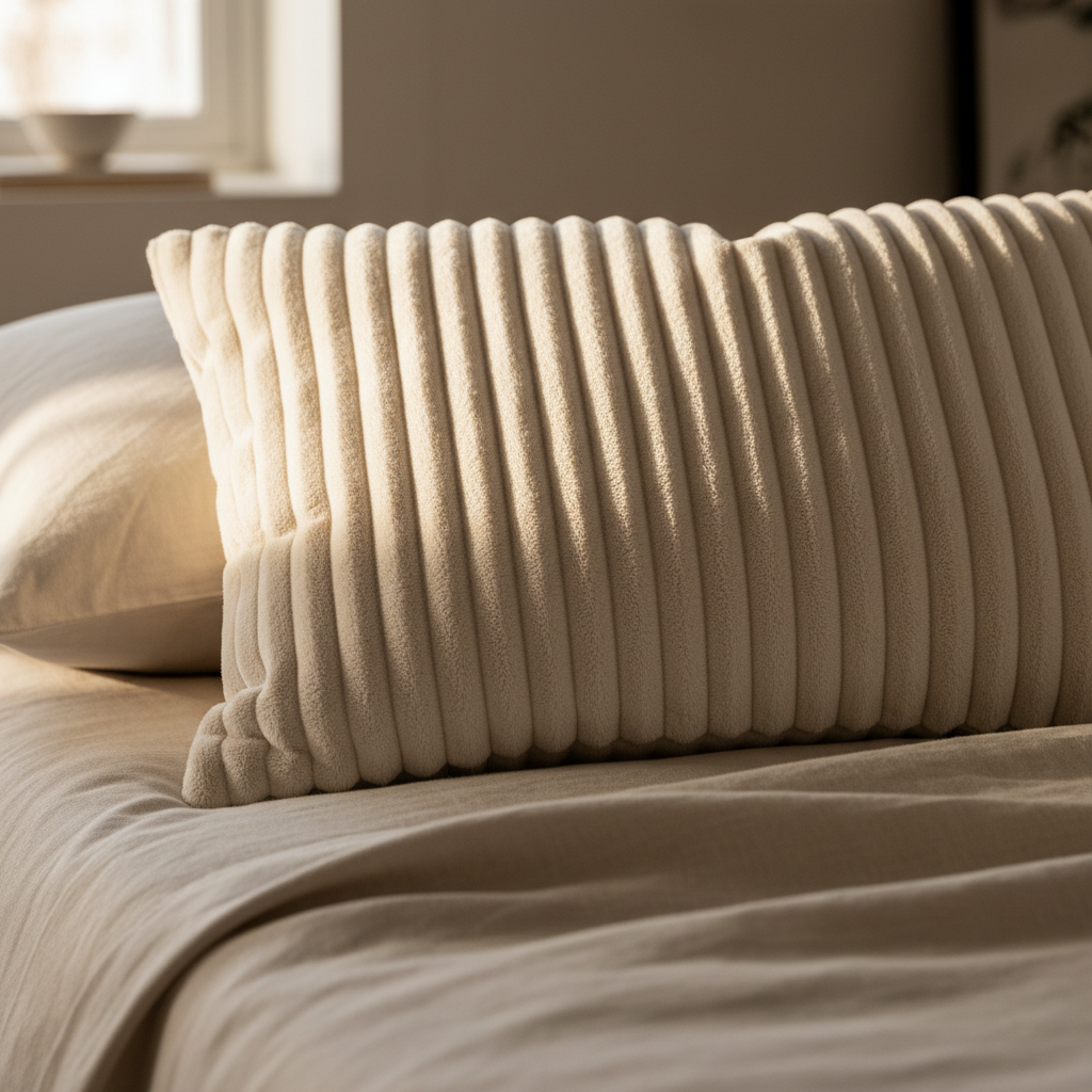Close up cream ribbed cushion on neutral linen bed