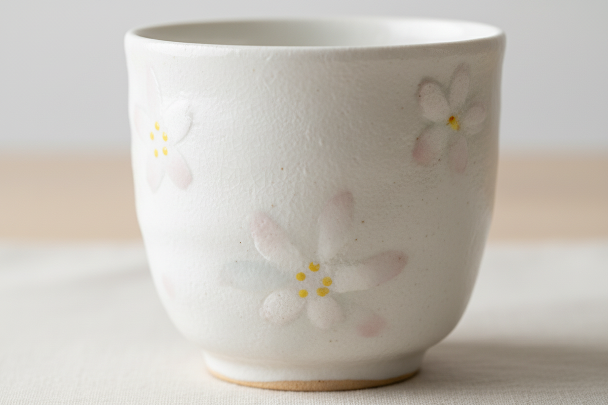 White ceramic tea cup close-up cherry blossom detail