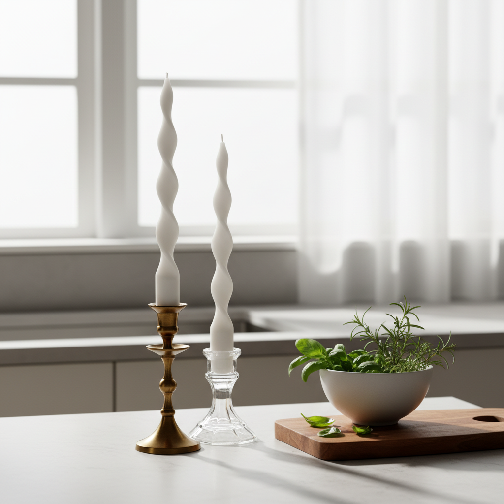 Candles in glass vase on kitchen counter