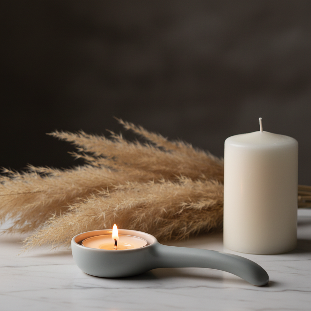 Ceramic candle holder styled with pillar candle and pampas grass