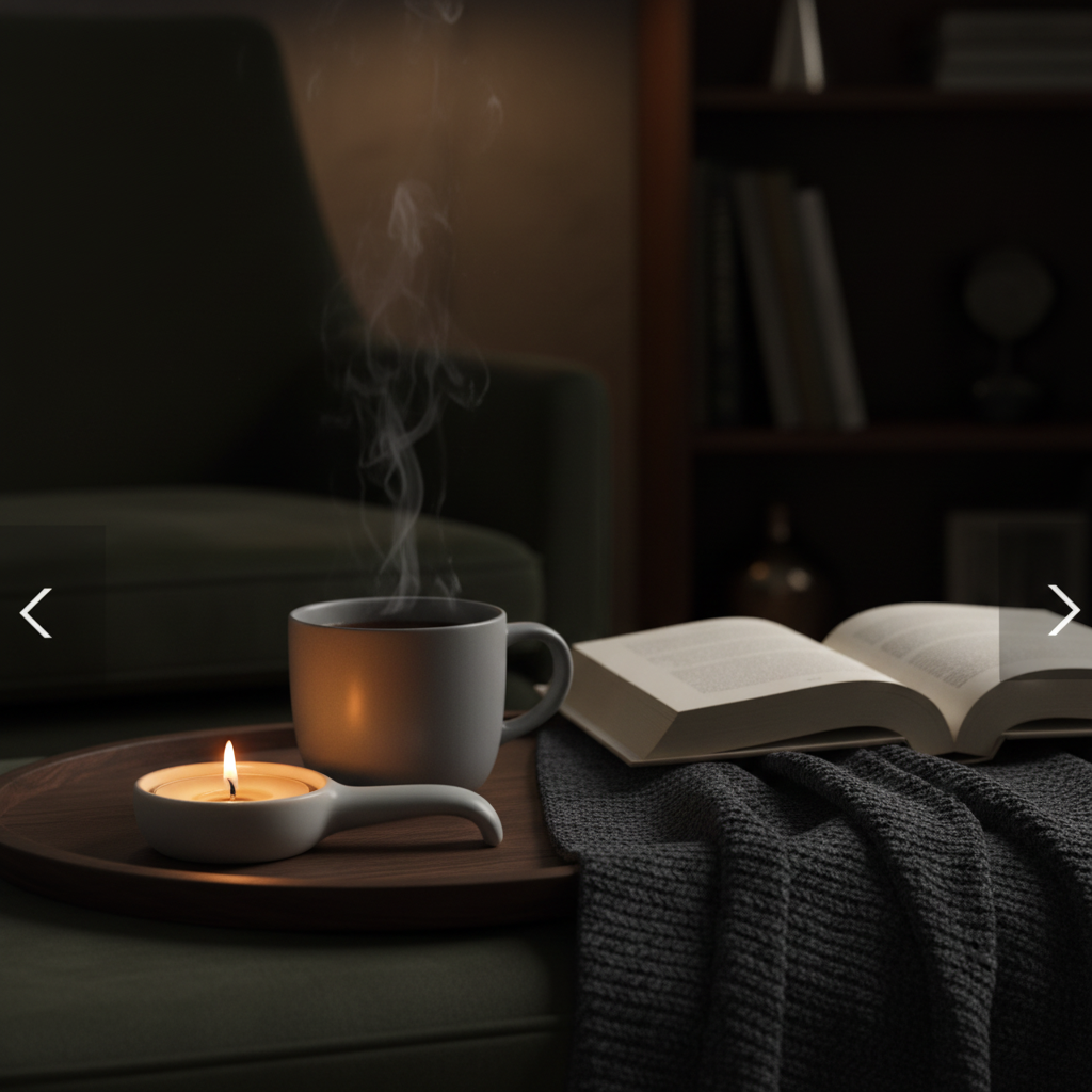 Ceramic candle holder on wooden tray with mug and book