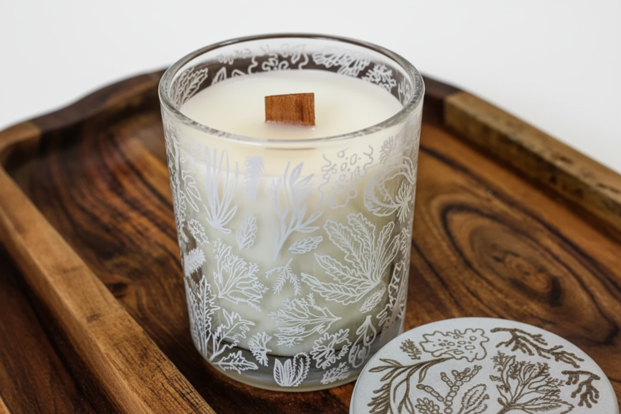 Botanical glass candle 45 degree view with lid