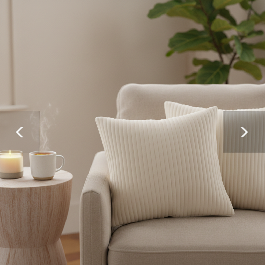 Two cream cushions on beige armchair with candle