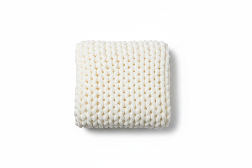 Chunky knit cream throw blanket top-down folded view