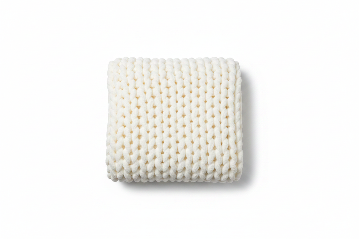 Chunky knit cream throw blanket top-down folded view