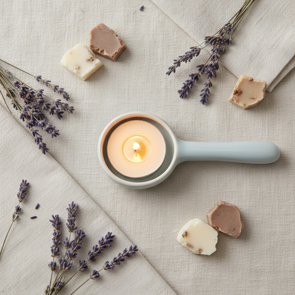 Flat lay of ceramic candle holder with dried lavender and wax melts