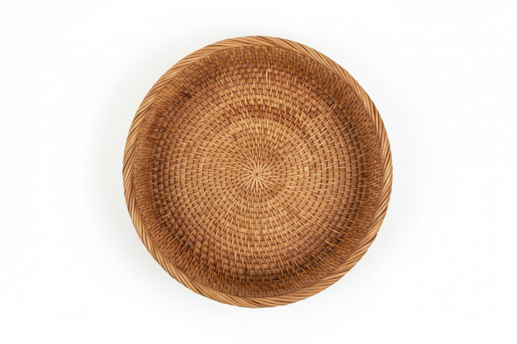 Round wicker rattan storage basket top-down view