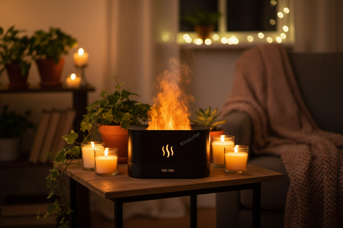 Flame aroma diffuser lifestyle shot in cozy living room