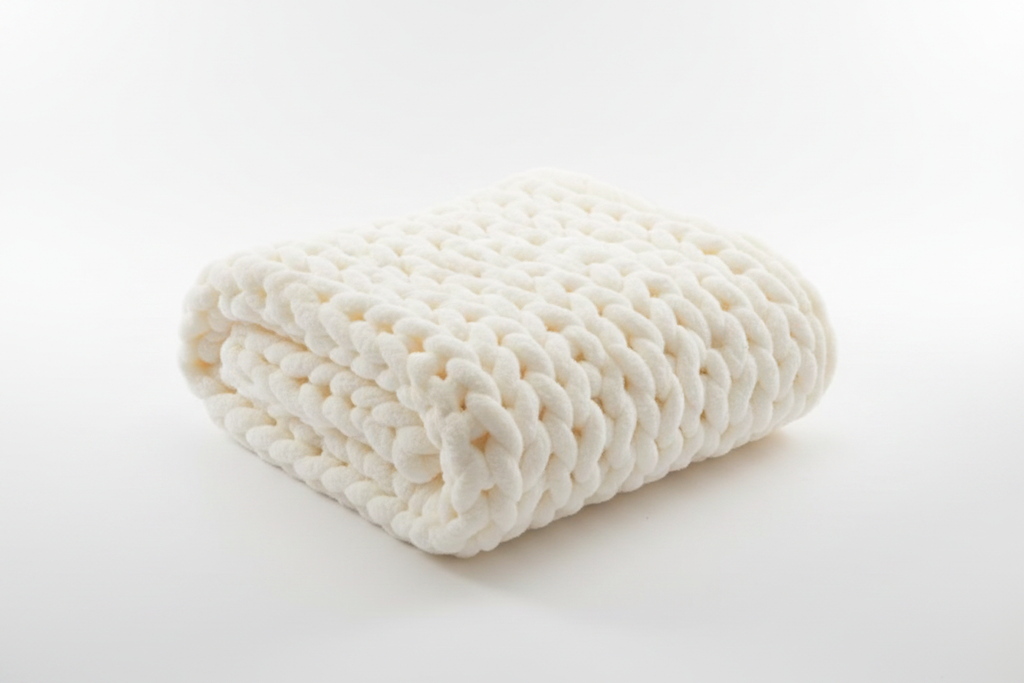 Chunky knit cream throw blanket 45 degree angle view