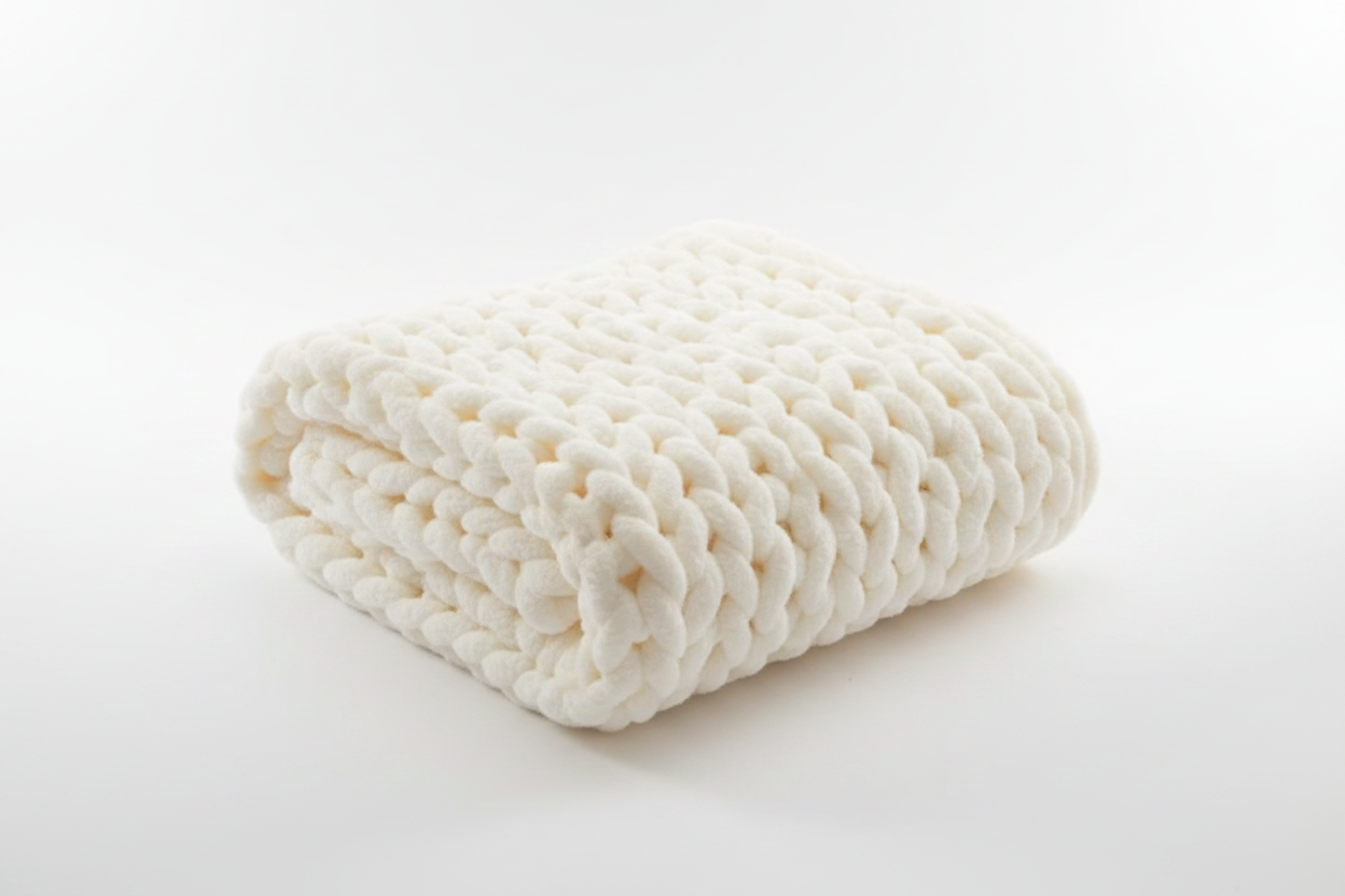 Chunky knit cream throw blanket 45 degree angle view