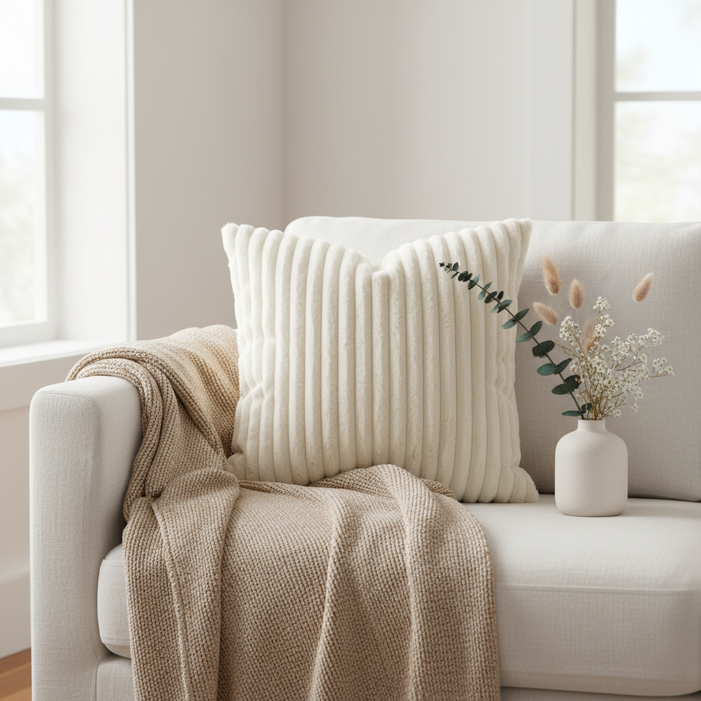 Cream ribbed cushion on linen sofa