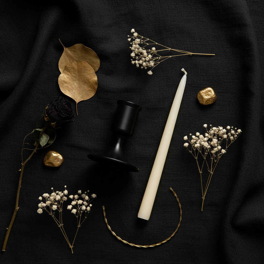Overhead flat lay of matte black candle holder on black linen