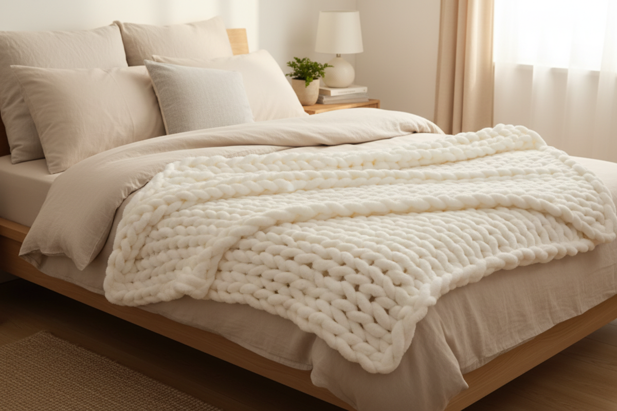 Chunky knit cream throw blanket on bed lifestyle shot
