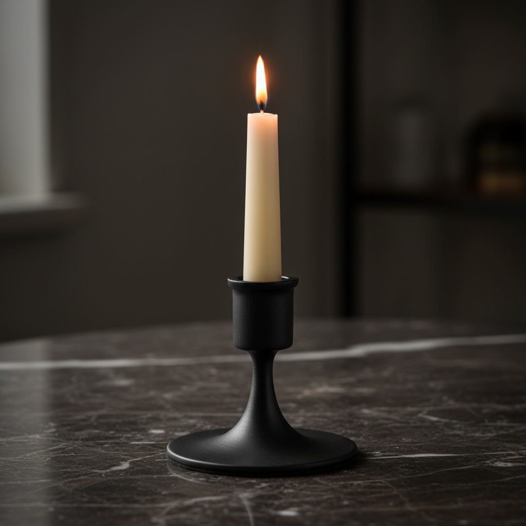 Matte black taper candle holder with cream candle on marble