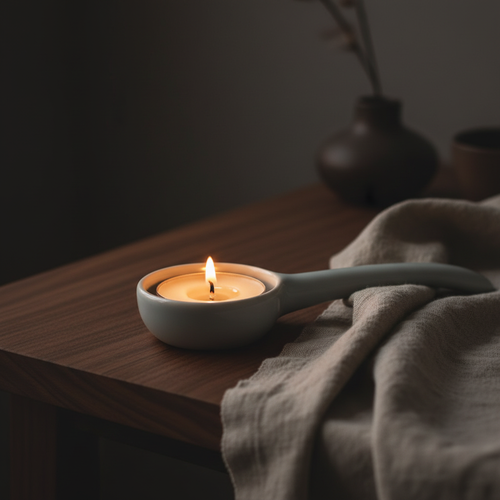 Matte grey ceramic candle holder on dark walnut surface