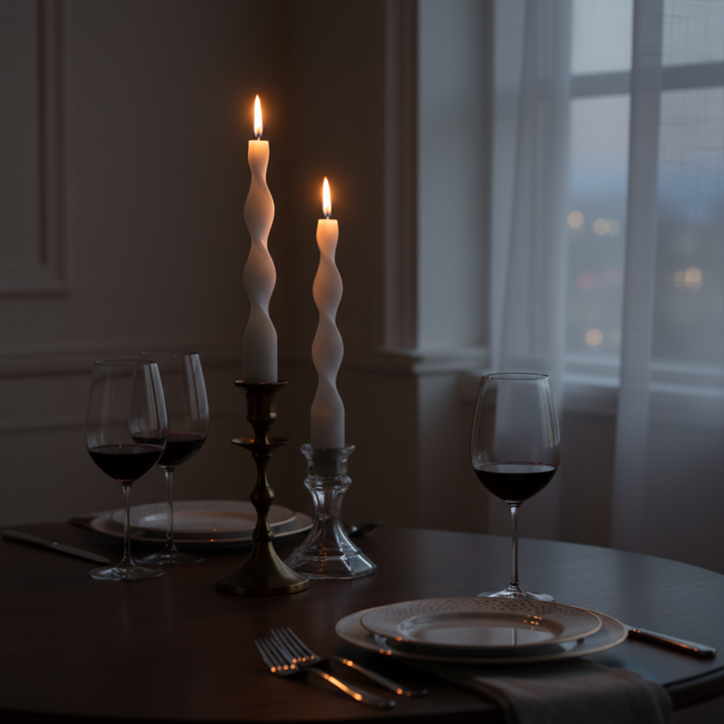 Two candles on dark moody romantic table setting