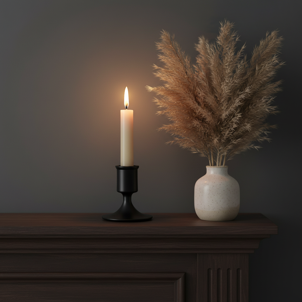 Matte black candle holder on mantelpiece with pampas grass