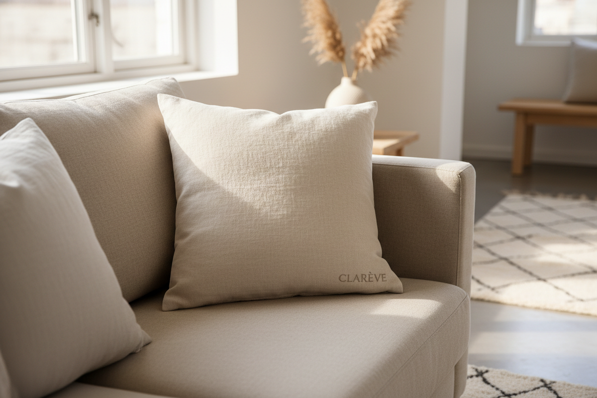 Linen Cushion Cover on beige sofa