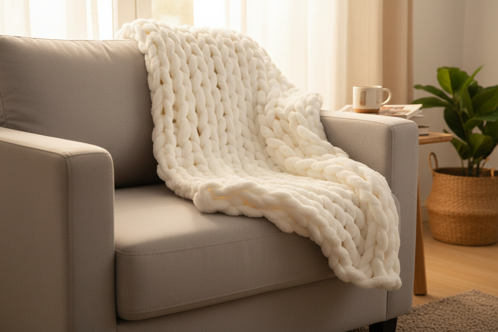 Chunky knit cream throw blanket draped over sofa